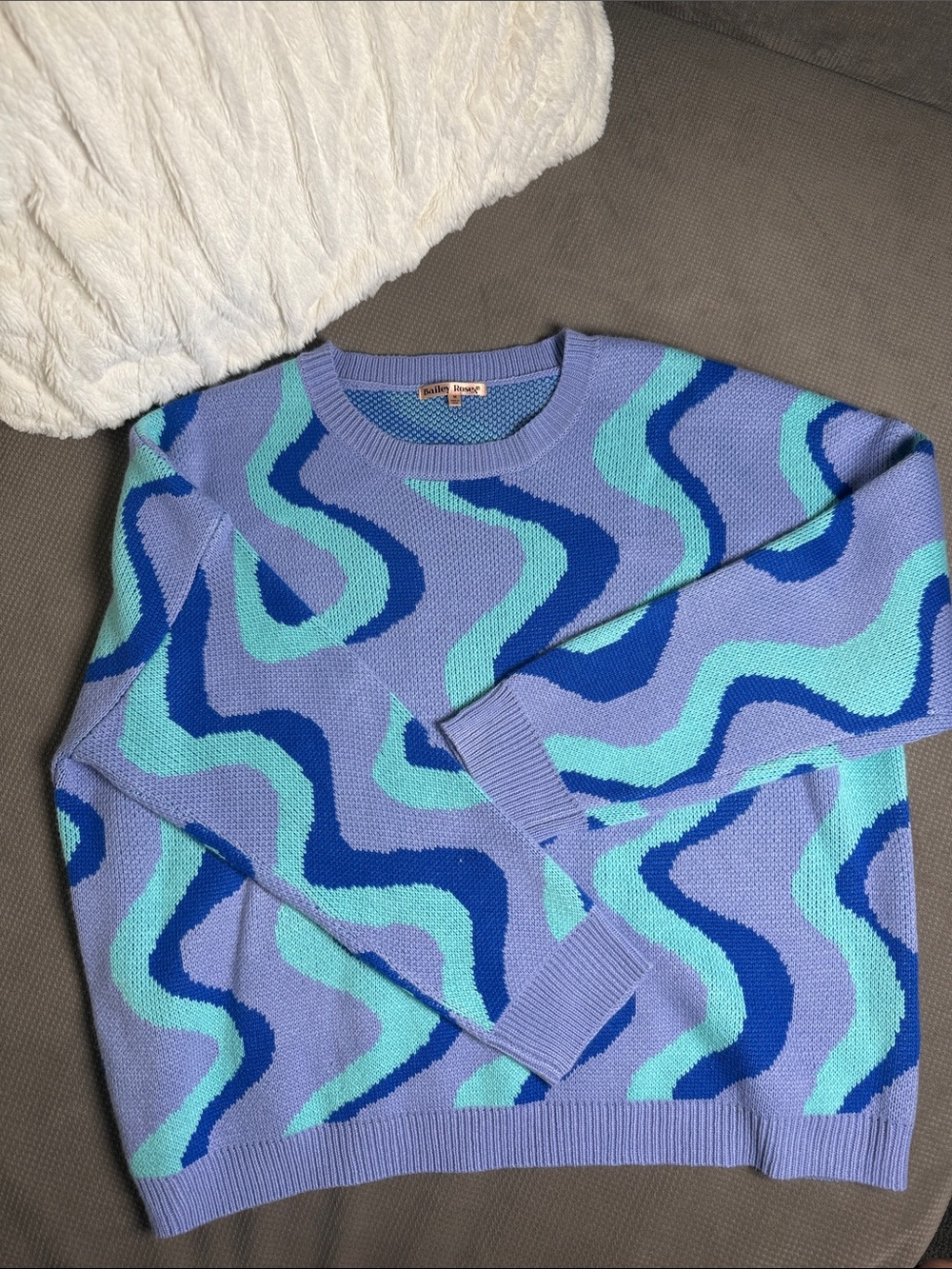 Bailey Rose Wave-Pattern Retro Sweater in Light Purple and Teal